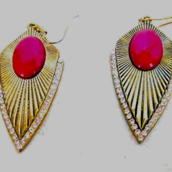 Gold Red Cabochon Rhinestone Sunburst Earrings - Picture 5 of 6